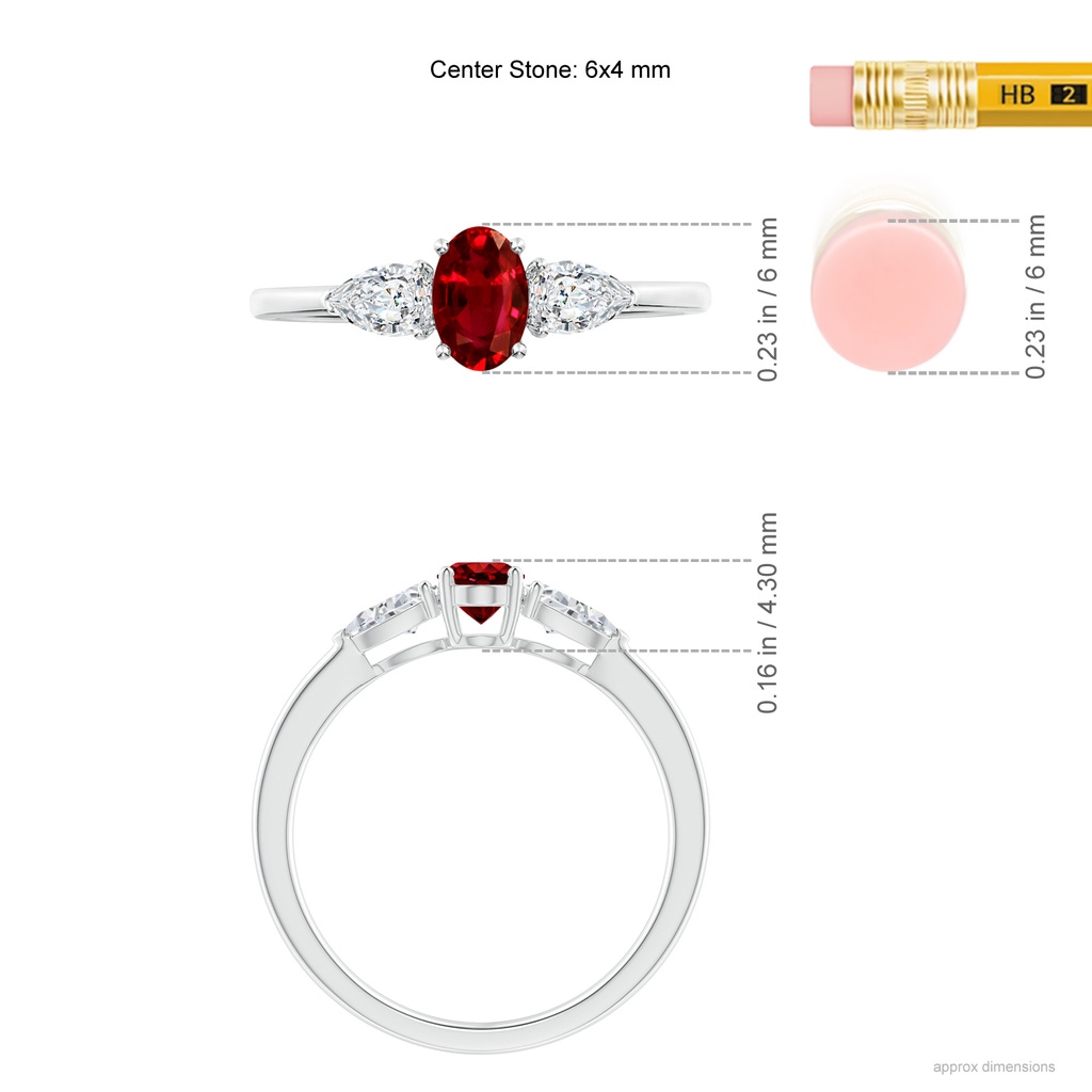 6x4mm AAAA Oval Ruby Three Stone Ring with Pear Diamonds in White Gold Ruler