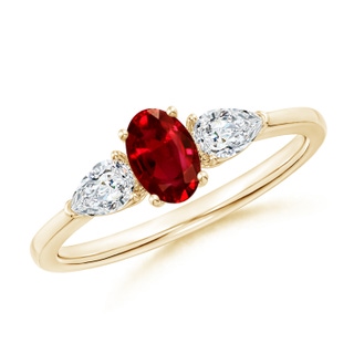 6x4mm AAAA Oval Ruby Three Stone Ring with Pear Diamonds in Yellow Gold