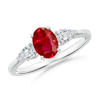 7x5mm AAA Oval Ruby Three Stone Ring with Pear Diamonds in P950 Platinum