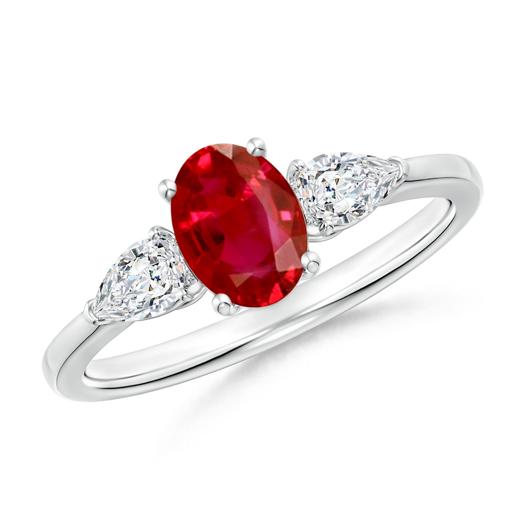 7x5mm AAA Oval Ruby Three Stone Ring with Pear Diamonds in White Gold