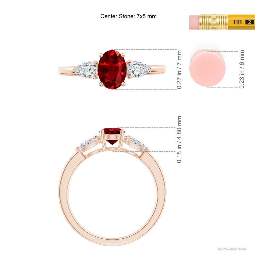 7x5mm AAAA Oval Ruby Three Stone Ring with Pear Diamonds in 10K Rose Gold Ruler
