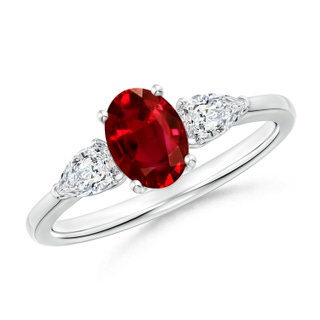 7x5mm AAAA Oval Ruby Three Stone Ring with Pear Diamonds in P950 Platinum