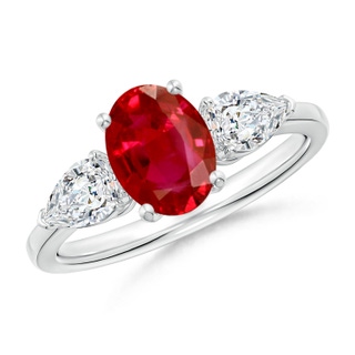 8x6mm AAA Oval Ruby Three Stone Ring with Pear Diamonds in P950 Platinum