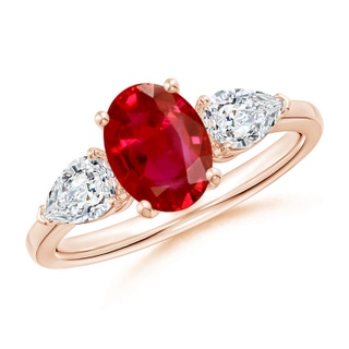 8x6mm AAA Oval Ruby Three Stone Ring with Pear Diamonds in Rose Gold