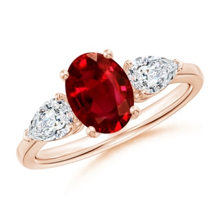 8x6mm AAAA Oval Ruby Three Stone Ring with Pear Diamonds in 9K Rose Gold