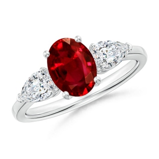 8x6mm AAAA Oval Ruby Three Stone Ring with Pear Diamonds in P950 Platinum