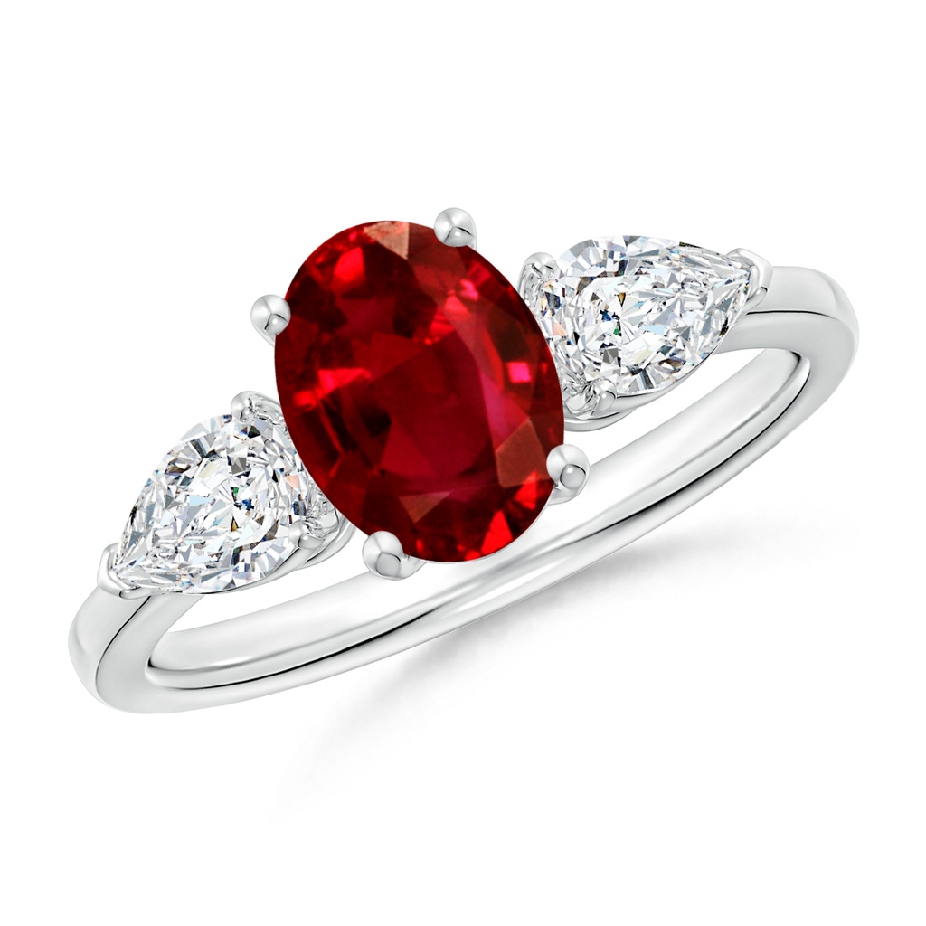 8x6mm Lab-Grown Oval Ruby Three Stone Ring with Pear Diamonds in White Gold