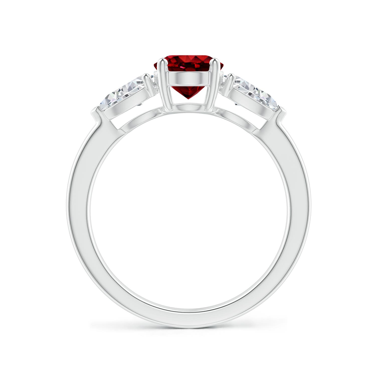 8x6mm AAAA Oval Ruby Three Stone Ring with Pear Diamonds in White Gold