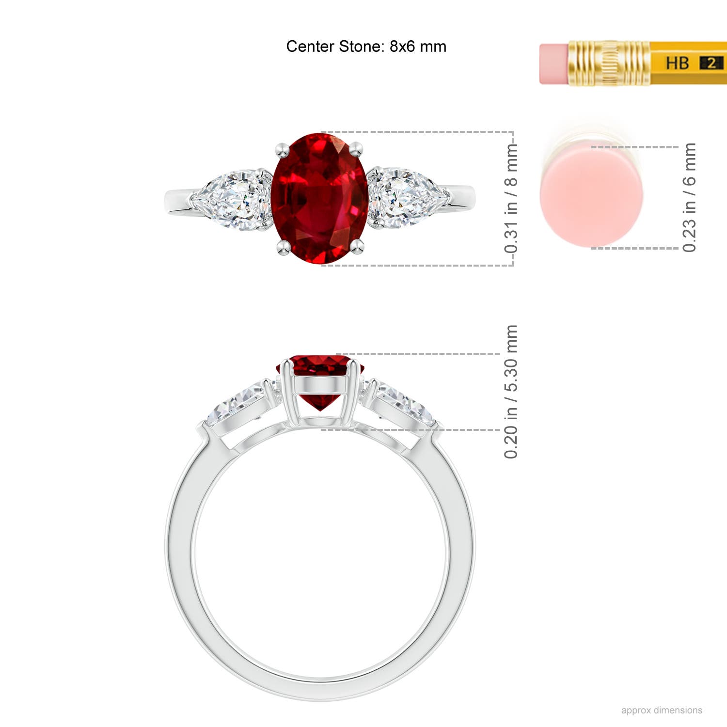 8x6mm AAAA Oval Ruby Three Stone Ring with Pear Diamonds in White Gold - ruler