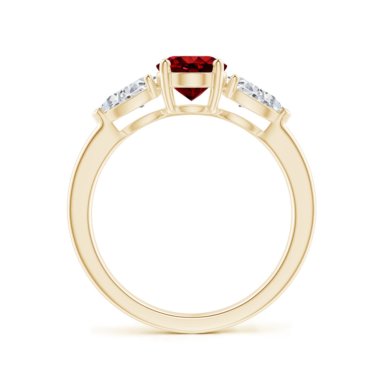 8x6mm AAAA Oval Ruby Three Stone Ring with Pear Diamonds in Yellow Gold