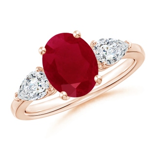 9x7mm AA Oval Ruby Three Stone Ring with Pear Diamonds in Rose Gold