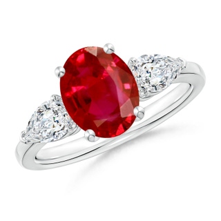 9x7mm AAA Oval Ruby Three Stone Ring with Pear Diamonds in P950 Platinum