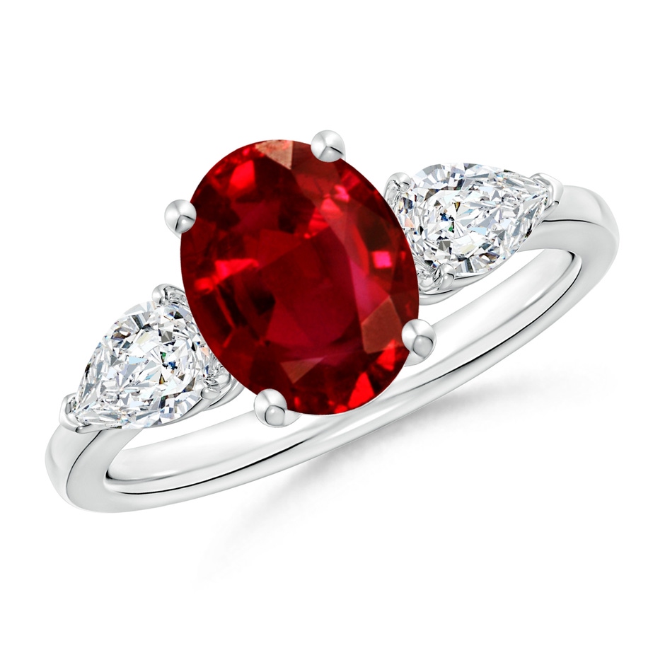 9x7mm Lab-Grown Oval Ruby Three Stone Ring with Pear Diamonds in White Gold 