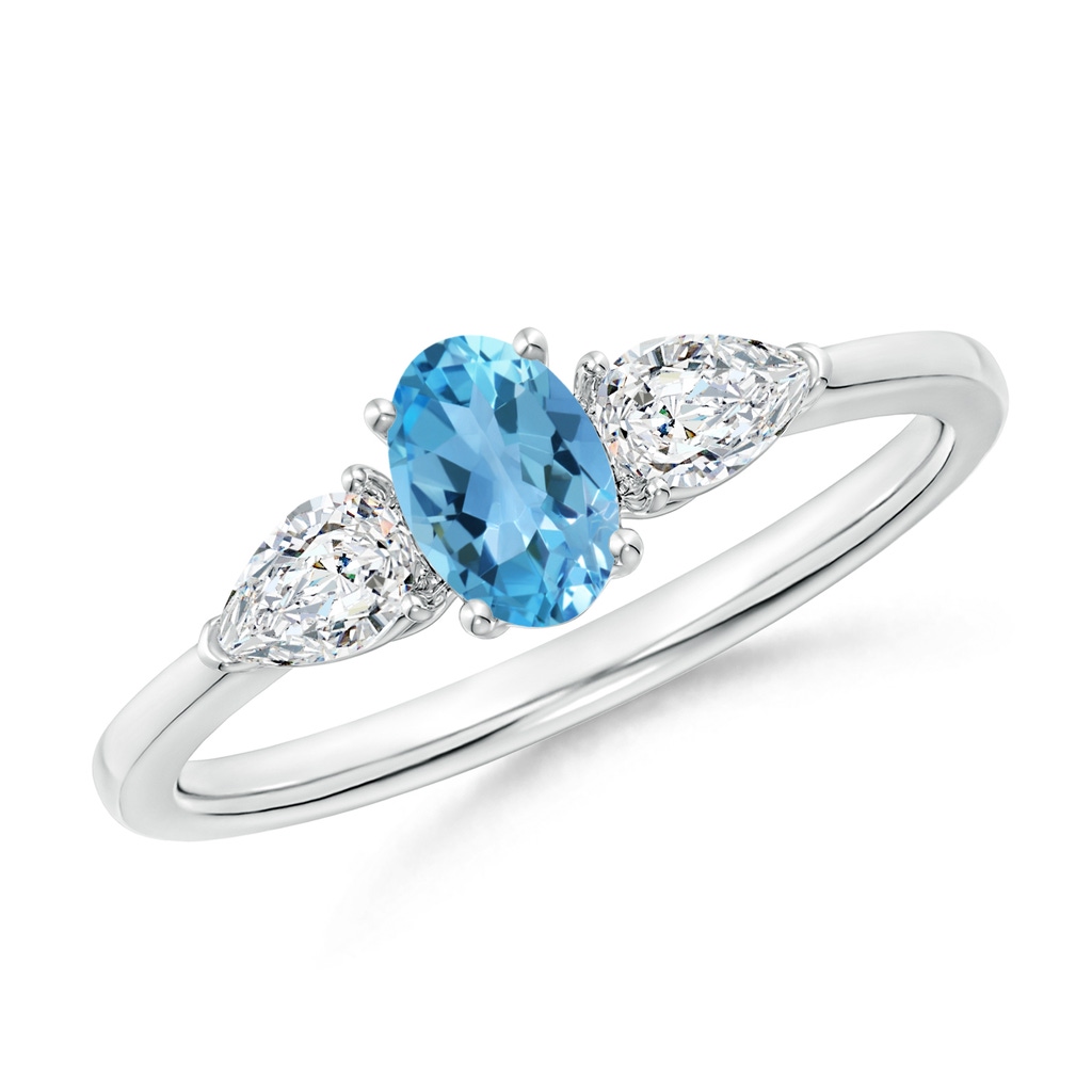 6x4mm AA Oval Swiss Blue Topaz Three Stone Ring with Pear Diamonds in White Gold