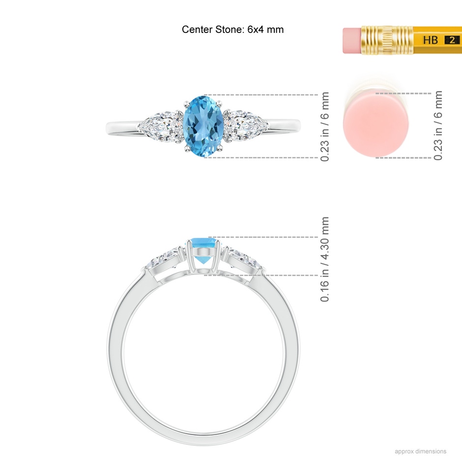 6x4mm AA Oval Swiss Blue Topaz Three Stone Ring with Pear Diamonds in White Gold ruler