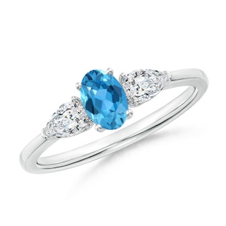6x4mm AAA Oval Swiss Blue Topaz Three Stone Ring with Pear Diamonds in White Gold