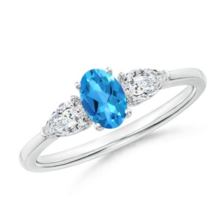 6x4mm AAAA Oval Swiss Blue Topaz Three Stone Ring with Pear Diamonds in White Gold