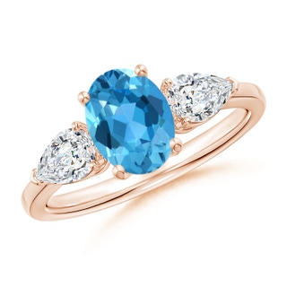 8x6mm AAA Oval Swiss Blue Topaz Three Stone Ring with Pear Diamonds in Rose Gold