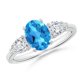 8x6mm AAAA Oval Swiss Blue Topaz Three Stone Ring with Pear Diamonds in P950 Platinum