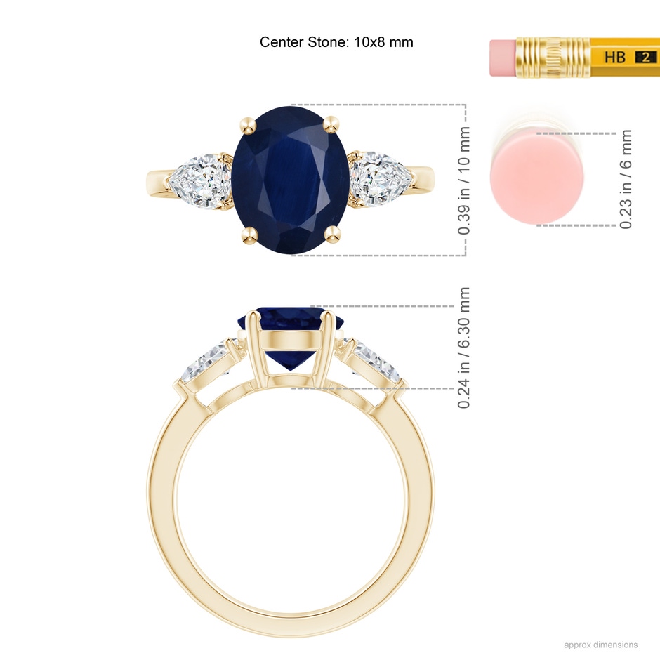 10x8mm A Oval Blue Sapphire Three Stone Ring with Pear Diamonds in Yellow Gold ruler