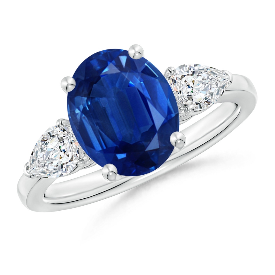 10x8mm AAA Oval Blue Sapphire Three Stone Ring with Pear Diamonds in P950 Platinum 