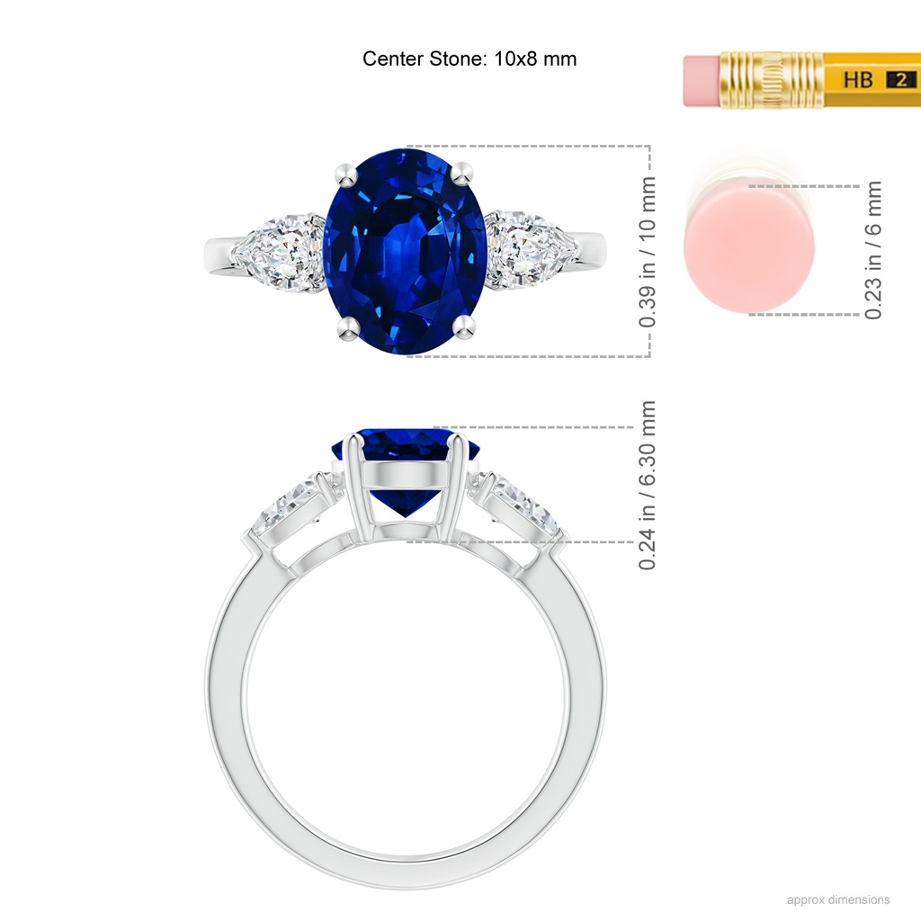 10x8mm AAAA Oval Blue Sapphire Three Stone Ring with Pear Diamonds in P950 Platinum Ruler