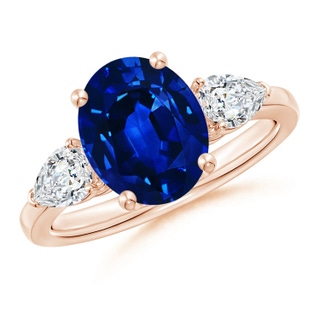 10x8mm AAAA Oval Blue Sapphire Three Stone Ring with Pear Diamonds in Rose Gold