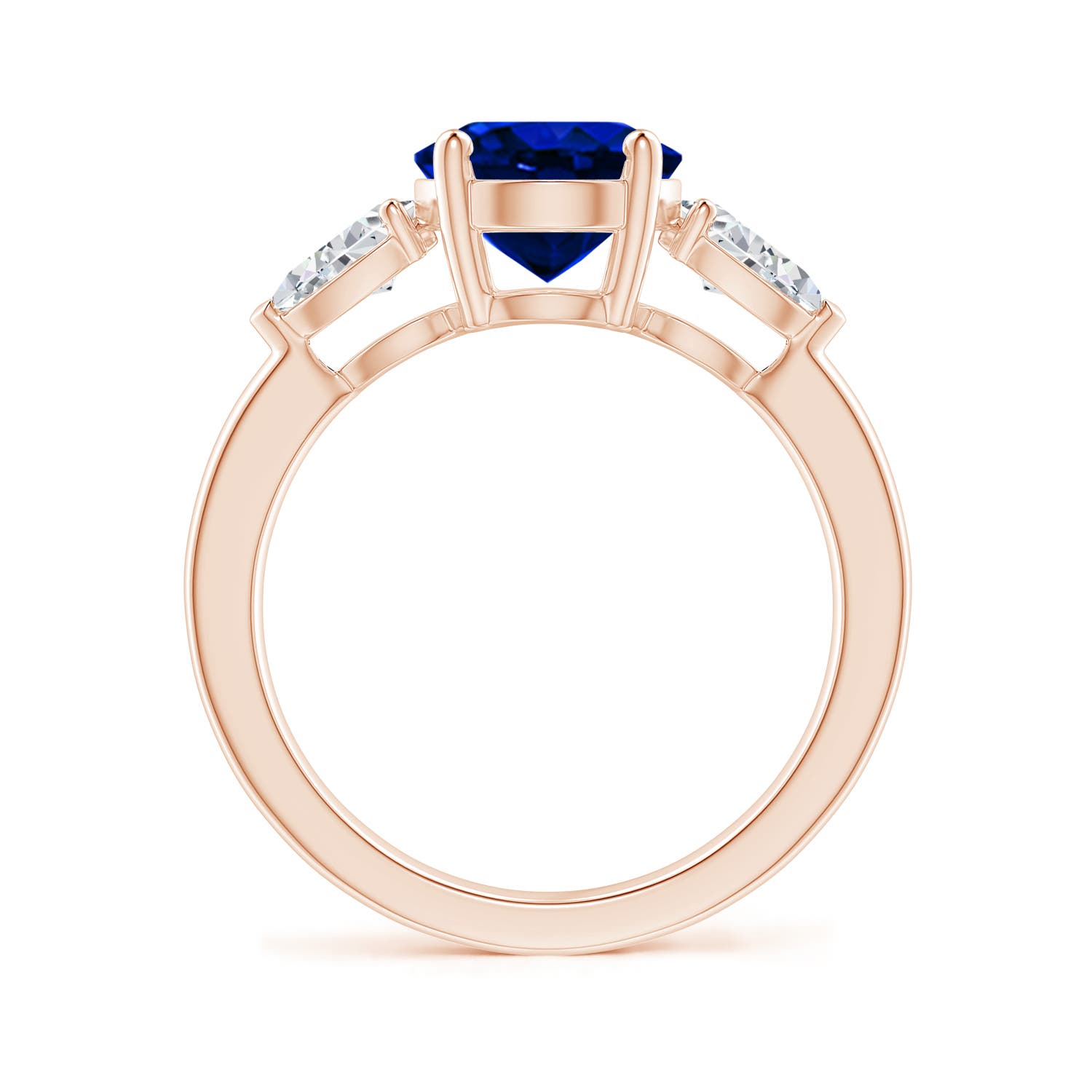 10x8mm AAAA Oval Blue Sapphire Three Stone Ring with Pear Diamonds in Rose Gold