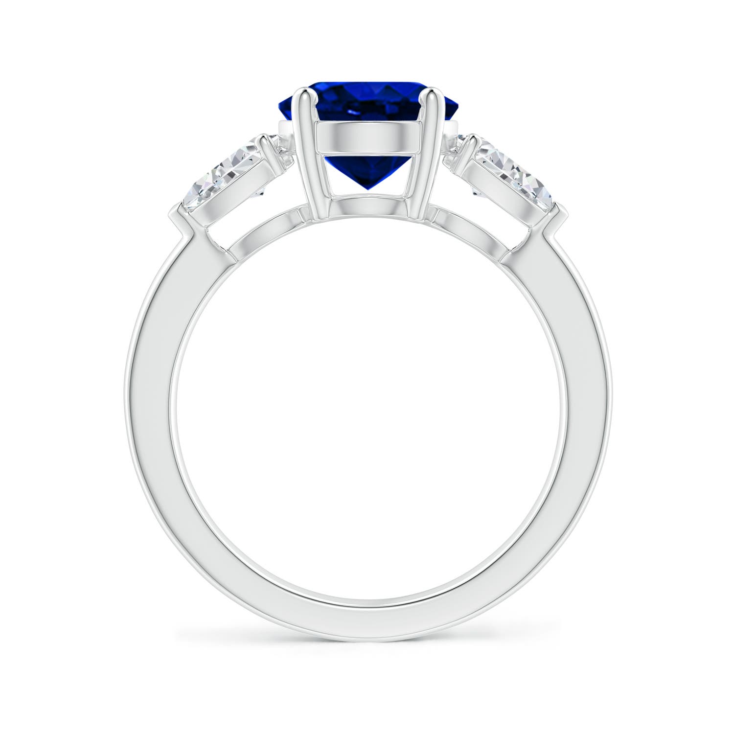 10x8mm AAAA Oval Blue Sapphire Three Stone Ring with Pear Diamonds in White Gold