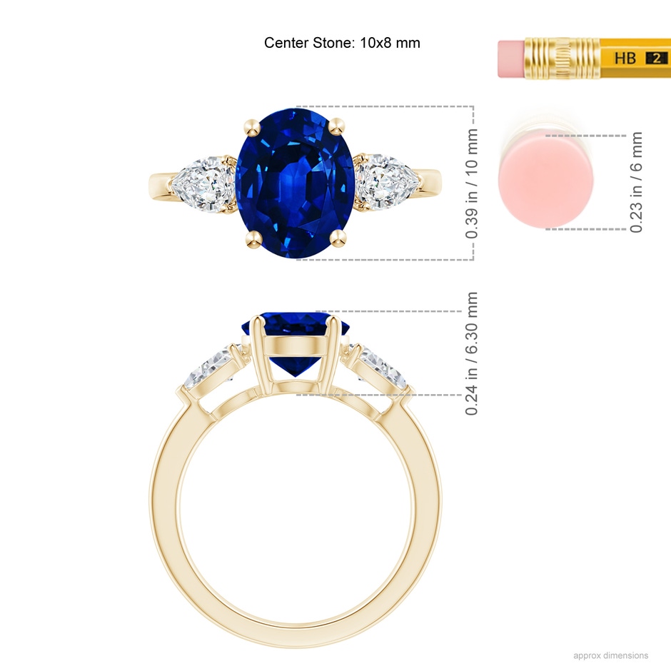 10x8mm Lab-Grown Oval Blue Sapphire Three Stone Ring with Pear Diamonds in Yellow Gold ruler