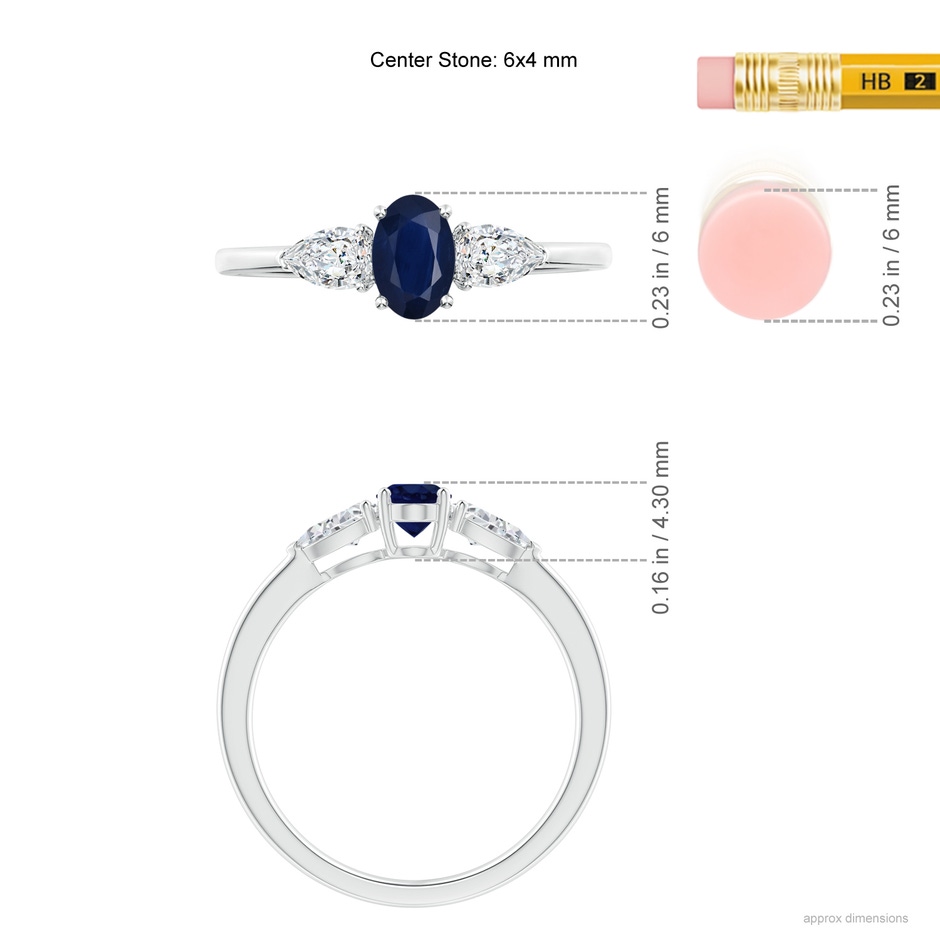 6x4mm A Oval Blue Sapphire Three Stone Ring with Pear Diamonds in White Gold ruler