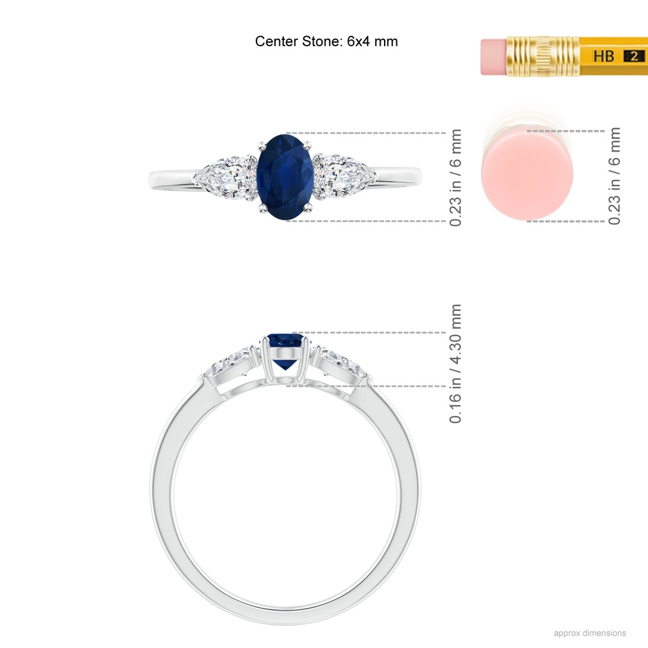 6x4mm AA Oval Blue Sapphire Three Stone Ring with Pear Diamonds in White Gold ruler