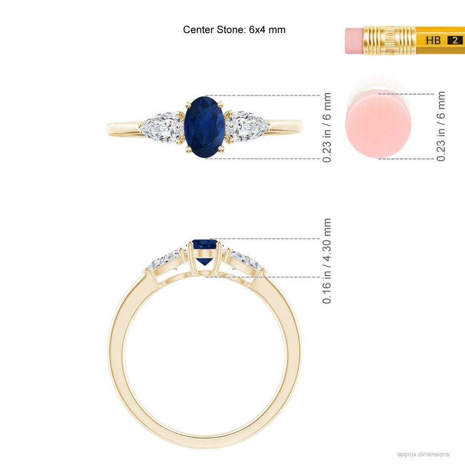6x4mm AA Oval Blue Sapphire Three Stone Ring with Pear Diamonds in Yellow Gold ruler