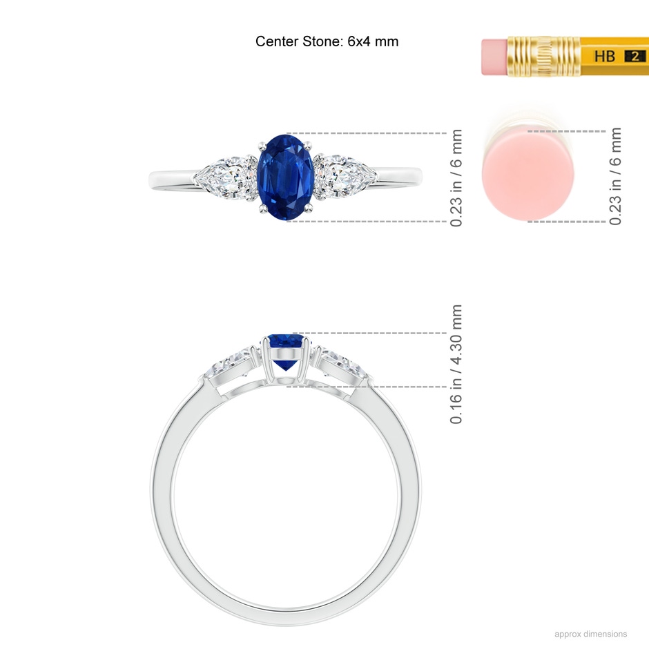 6x4mm AAA Oval Blue Sapphire Three Stone Ring with Pear Diamonds in P950 Platinum ruler