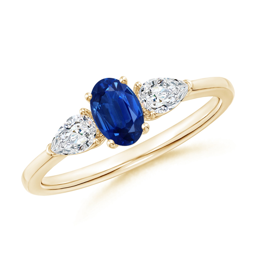 6x4mm AAA Oval Blue Sapphire Three Stone Ring with Pear Diamonds in Yellow Gold 