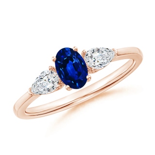 6x4mm Lab-Grown Oval Blue Sapphire Three Stone Ring with Pear Diamonds in 9K Rose Gold