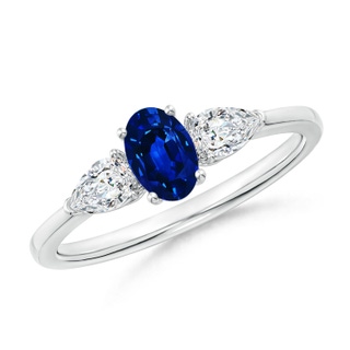 6x4mm AAAA Oval Blue Sapphire Three Stone Ring with Pear Diamonds in P950 Platinum