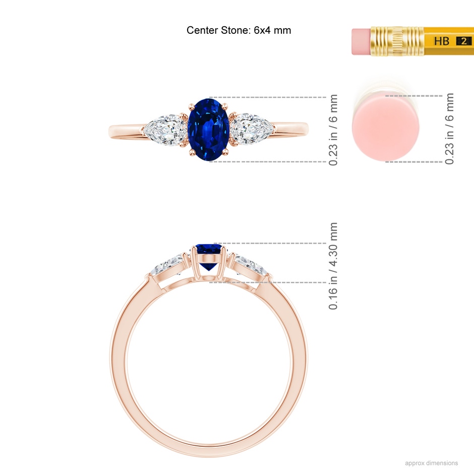6x4mm AAAA Oval Blue Sapphire Three Stone Ring with Pear Diamonds in Rose Gold ruler