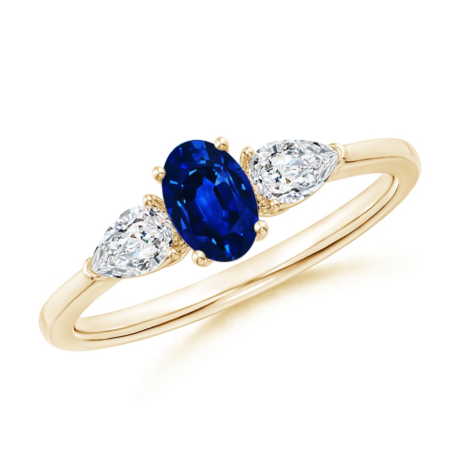 6x4mm Lab-Grown Oval Blue Sapphire Three Stone Ring with Pear Diamonds in Yellow Gold 