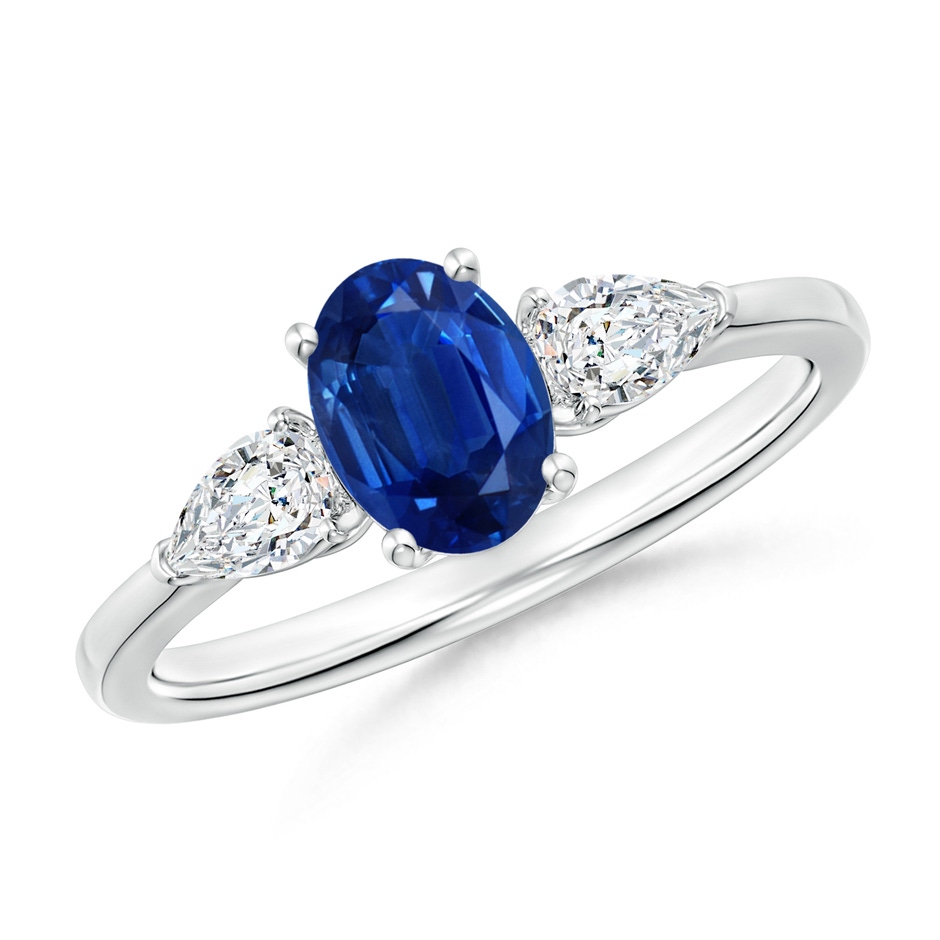 7x5mm AAA Oval Blue Sapphire Three Stone Ring with Pear Diamonds in White Gold 