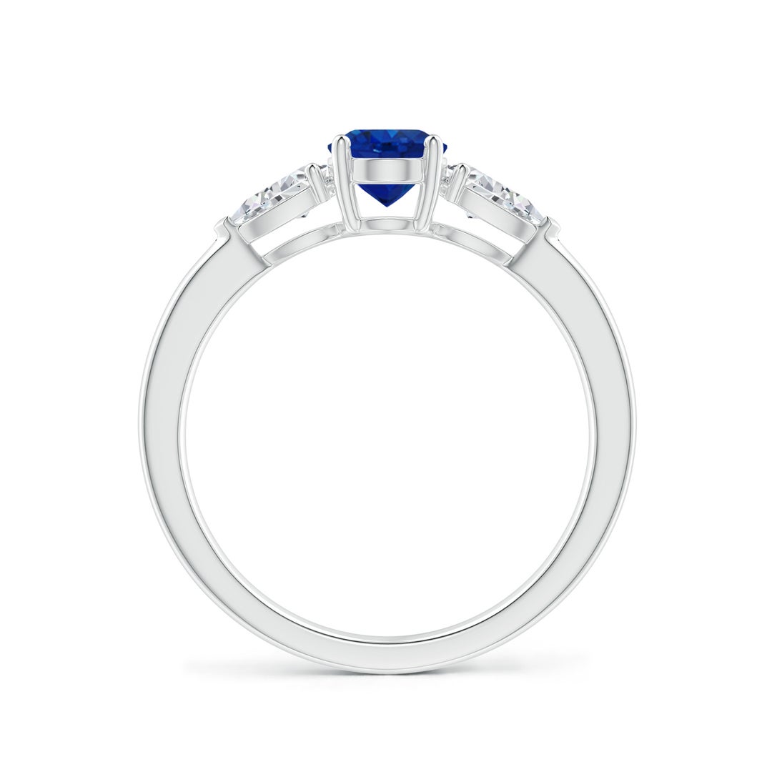 7x5mm AAA Oval Blue Sapphire Three Stone Ring with Pear Diamonds in White Gold - side 2