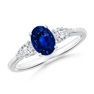 7x5mm AAAA Oval Blue Sapphire Three Stone Ring with Pear Diamonds in P950 Platinum