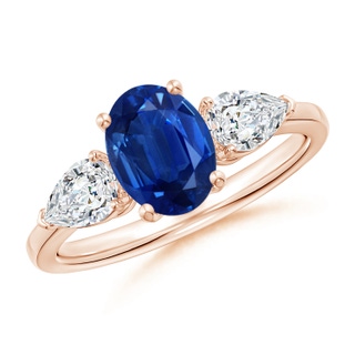 8x6mm AAA Oval Blue Sapphire Three Stone Ring with Pear Diamonds in Rose Gold