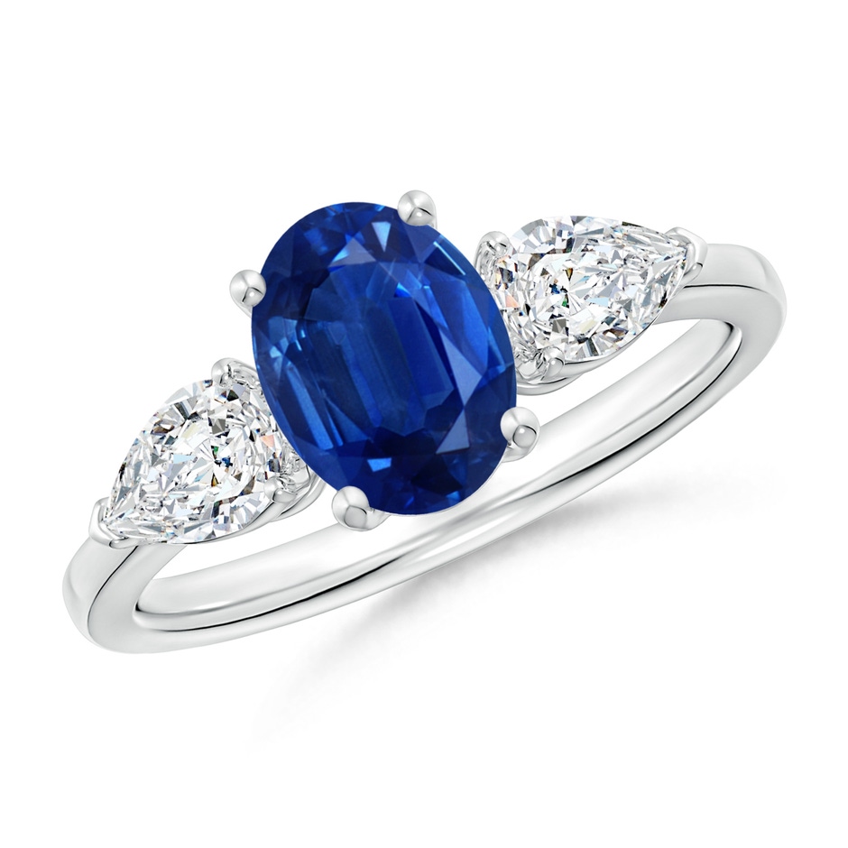 8x6mm AAA Oval Blue Sapphire Three Stone Ring with Pear Diamonds in White Gold 