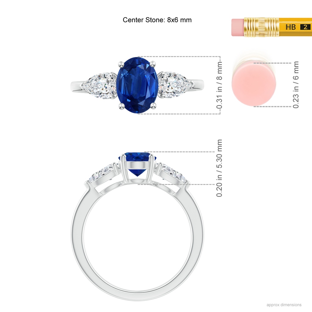 8x6mm AAA Oval Blue Sapphire Three Stone Ring with Pear Diamonds in White Gold Ruler