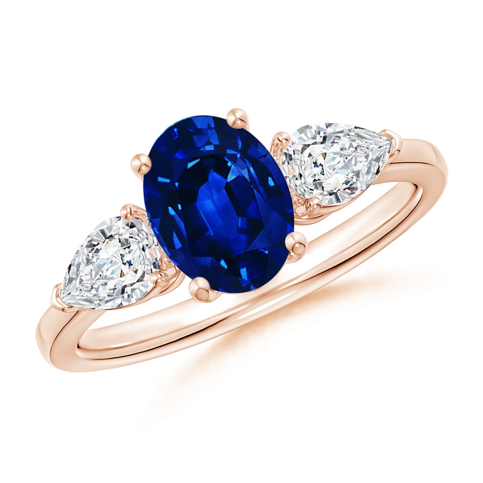 8x6mm AAAA Oval Blue Sapphire Three Stone Ring with Pear Diamonds in Rose Gold 