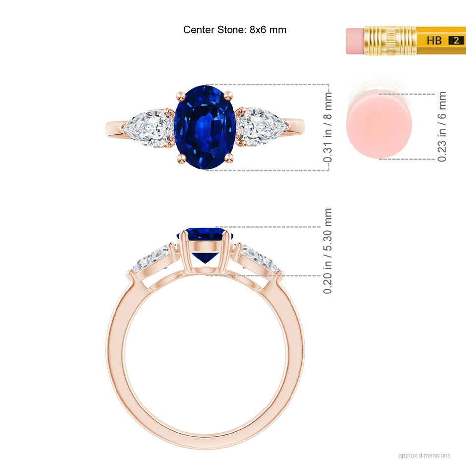 8x6mm AAAA Oval Blue Sapphire Three Stone Ring with Pear Diamonds in Rose Gold ruler