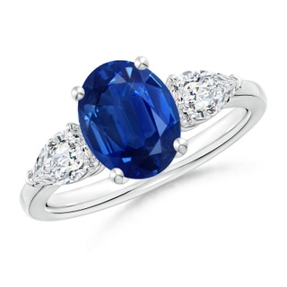 9x7mm AAA Oval Blue Sapphire Three Stone Ring with Pear Diamonds in P950 Platinum
