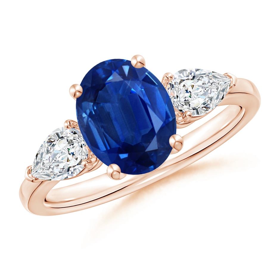 9x7mm AAA Oval Blue Sapphire Three Stone Ring with Pear Diamonds in Rose Gold 