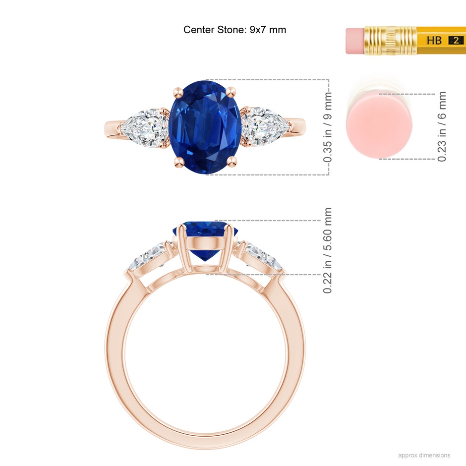 9x7mm AAA Oval Blue Sapphire Three Stone Ring with Pear Diamonds in Rose Gold ruler